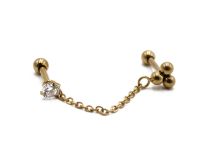 Stalen halter PVD Goud Speciaal Tragusmotief 3 ballen met ketting en strass | Itc