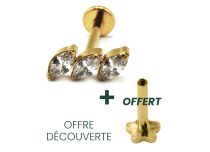 Labret Titanium PVD Goud Inwendige Draad Steriel Marquise Patroon 3 Strass Diagonaal