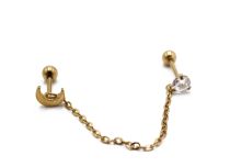 PVD Goudstaal Speciale Tragusstang met Maanmotief en Strass met Ketting | Itc