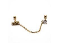Staal PVD Goud Speciaal Tragus staafje met strass steentjes en ketting | Itc