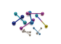Set van 10 titanium halterstangen, verschillende maten en kleuren.